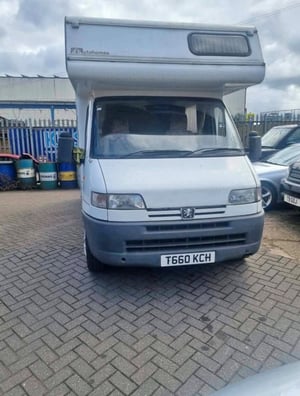 1999 Peugeot Full Vehicle Details:

Make: PEUGEOT
Model: BOXER 270 MWB (Medium Wheelbase)
Body Type: MOTOR CARAVAN
Year: 1999
First Registered: 01 April 1999
Colour: White
Engine: 1998 cc Petrol/Gas
Registration: T660 KCH
Wheel Plan: 2-AXLE RIGID BODY
Tax Class: Private/Light Goods (PLG)
VIN: VF3232E2215679174
Engine Number: HKD33000850
MOT & History:

MOT valid until: 12 September 2027
MOT records: 34 (full history available)
Recent mileage: 87,056 miles
V5C last issued: 11 May 2026
Exported: No
The motorhome is in good working order, regularly maintained, and ready for inspection. I am happy to provide any additional documentation or arrange a viewing at your convenience. — photo 1 of 9